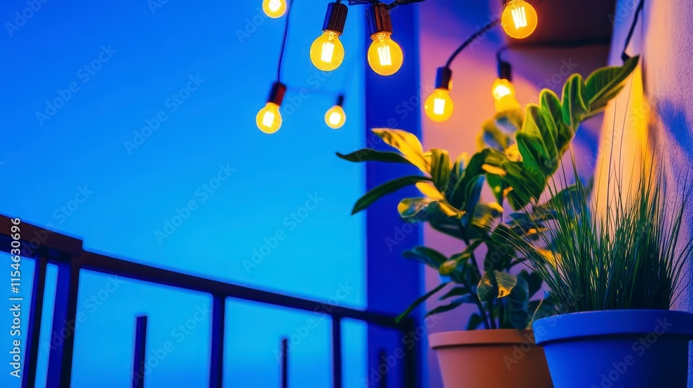 Aufkleber cozy balcony scene illuminated by warm string lights with potted plants creating a tranquil evening 