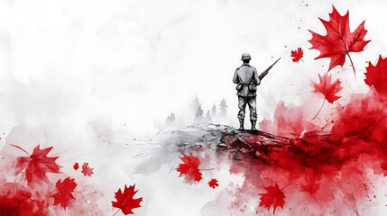 Soldier silhouette on hilltop, red maple leaves, remembrance.