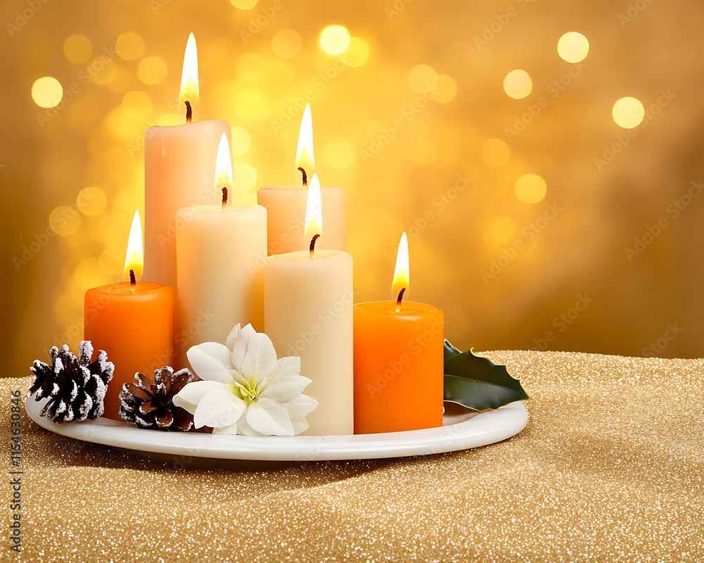 Poster group of glowing candles with bokeh background