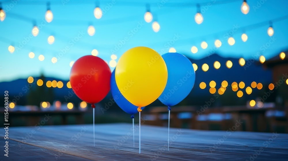 Poster colorful balloons with a soft bokeh background of warm lights at dusk, creating a festive atmosphere