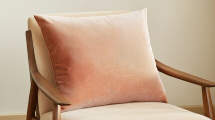 Elegant peachtoned velvet cushion on midcentury chair in minimalist living room setting soft textures and warm tones