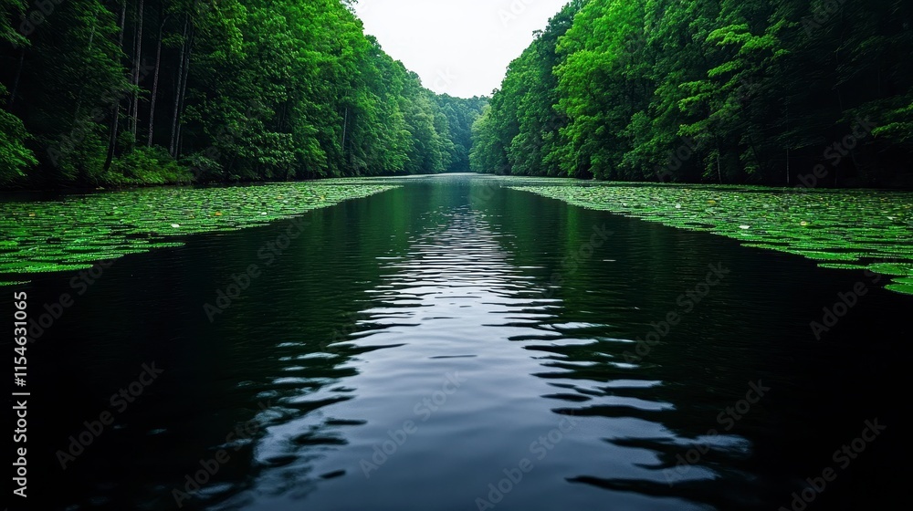 Poster tranquil river surrounded by lush green trees and lily pads creating an idyllic nature setting