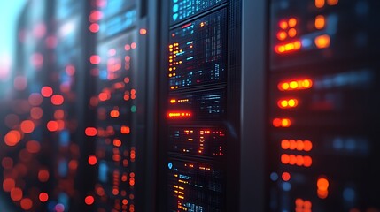 Illuminated server racks in a data center.