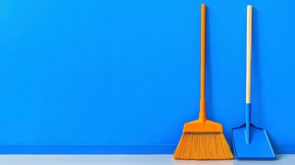 Bright blue wall with cleaning tools, featuring an orange broom and a blue shovel, showcasing a clean and organized space.