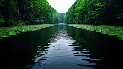 Tranquil river surrounded by lush green trees and lily pads creating an idyllic nature setting