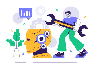 Machine Learning Vector Illustration featuring Artificial Intelligence Jobs, Scientists Working with Big Data and Technology Engineers in a Background