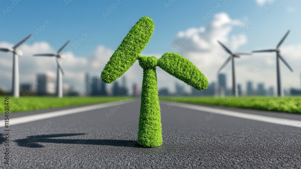 Poster a lush green wind turbine model stands on a road with a backdrop of a modern city skyline and multip