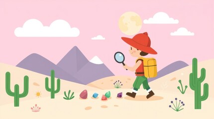 A child explorer examines colorful gems in a desert landscape under a pink sky.