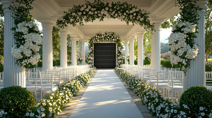 Fototapeta premium Elegant outdoor wedding ceremony setup with white flowers, columns, and aisle runner.
