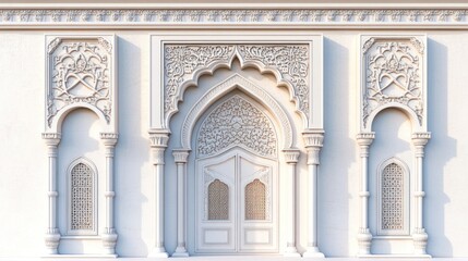 Obraz premium Intricate Islamic architecture, arched doorway, detailed carvings, white wall.
