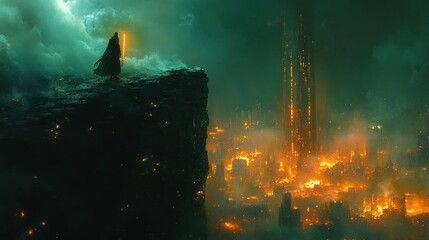 A dark, atmospheric scene depicting a figure overlooking a fiery, dystopian cityscape.