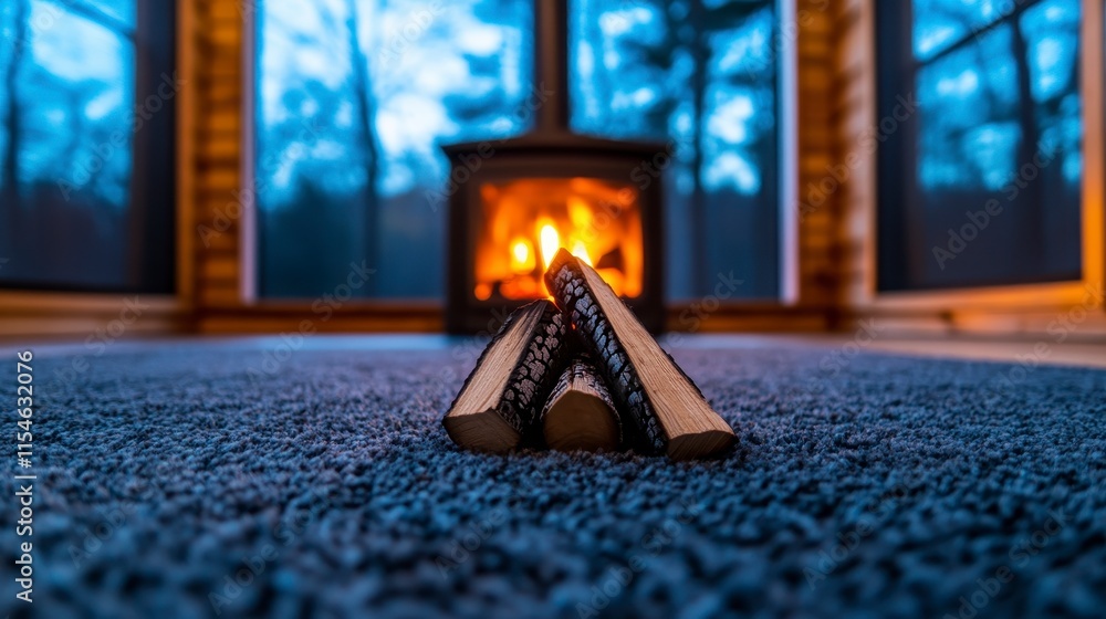 Poster cozy interior setting with a glowing fireplace and stacked logs for warmth, creating a serene and in