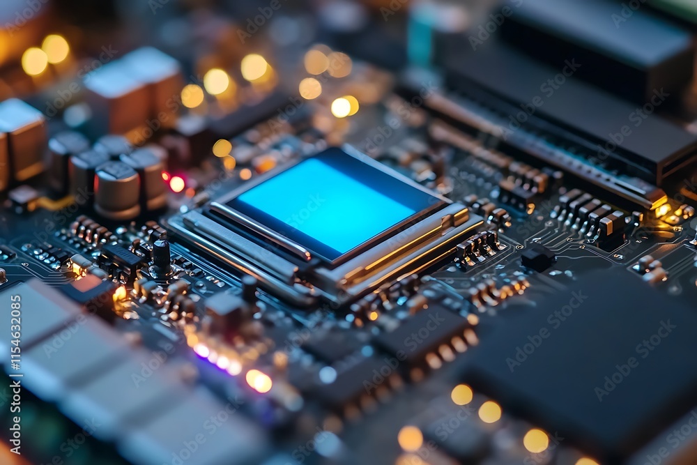 Aufkleber close up of a circuit board with a sensor chip. concept of technology, innovation, and electronics.