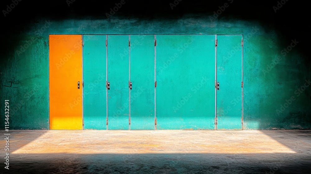 Poster a striking contrast of colors and textures in an abstract setting featuring multiple doors arranged 