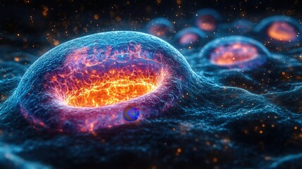 Microscopic view of burning cell with glowing core.