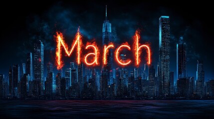 A dramatic city skyline at night with fiery text reading March, symbolizing change and the arrival of spring in an urban landscape.