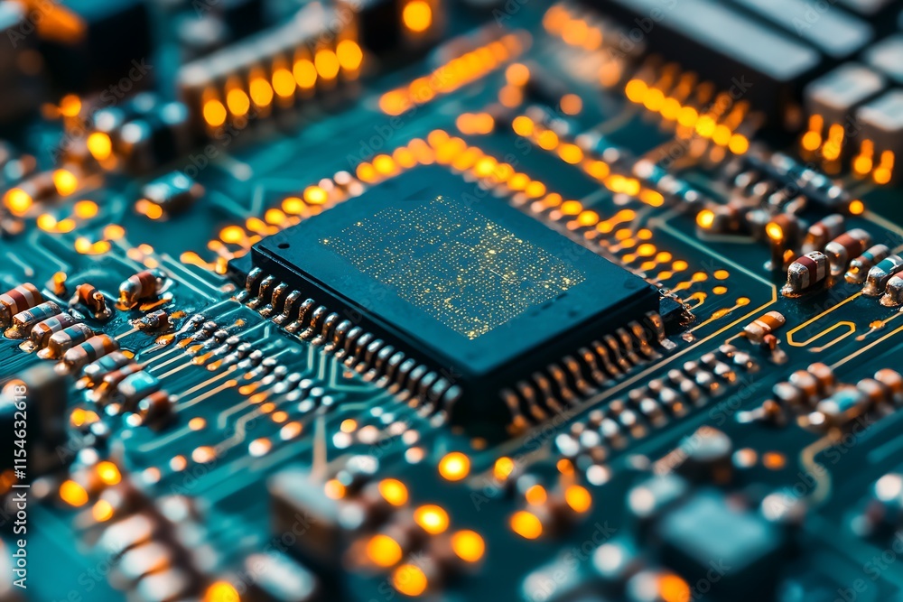 Poster close up of a microchip on a circuit board. concept of technology, innovation, and electronics.