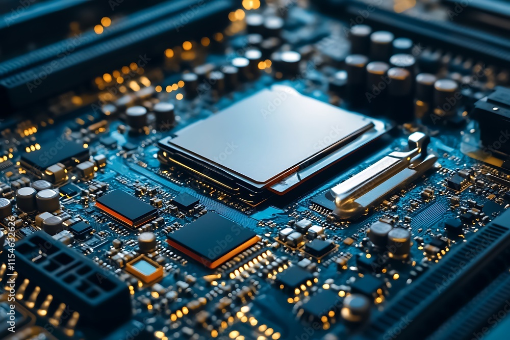 Poster close up of a computer motherboard with a cpu. concept of technology, electronics, and innovation.