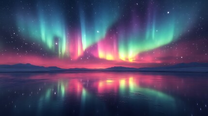 Vibrant aurora borealis reflected in calm arctic lake at night.