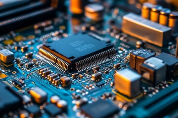 Close up of a circuit board with microchip. Concept of technology, electronics, and innovation.