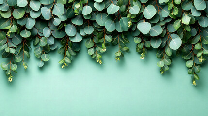Eucalyptus leaves border on teal background.