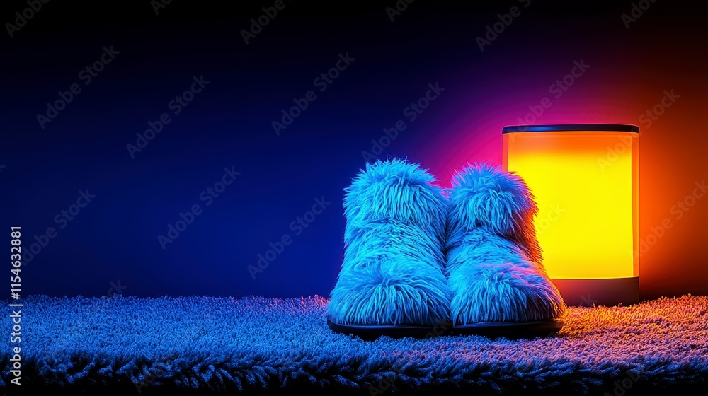 Aufkleber cozy fluffy slippers with soft illumination creating a warm atmosphere in a dimly lit room setting
