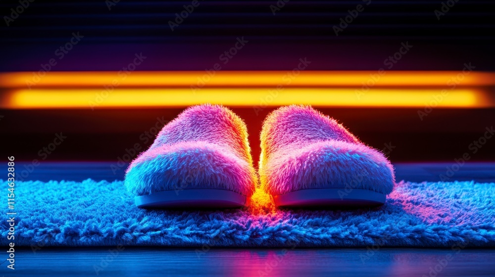 Aufkleber cozy and inviting fuzzy slippers resting on a soft rug, illuminated by colorful ambient light creati