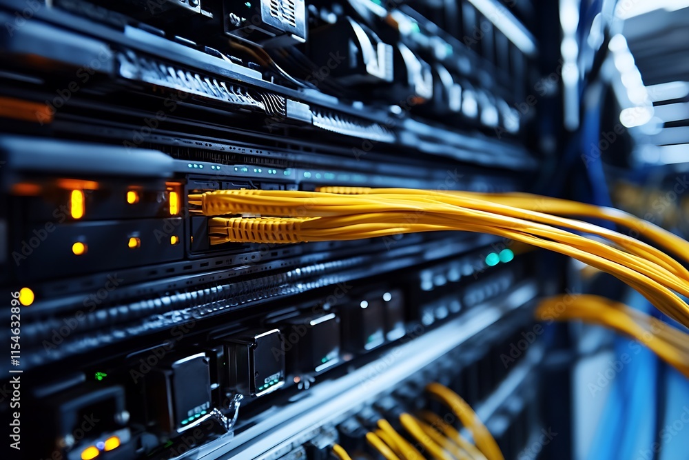 Poster server rack with network cables. concept of data center, technology, and internet connectivity.