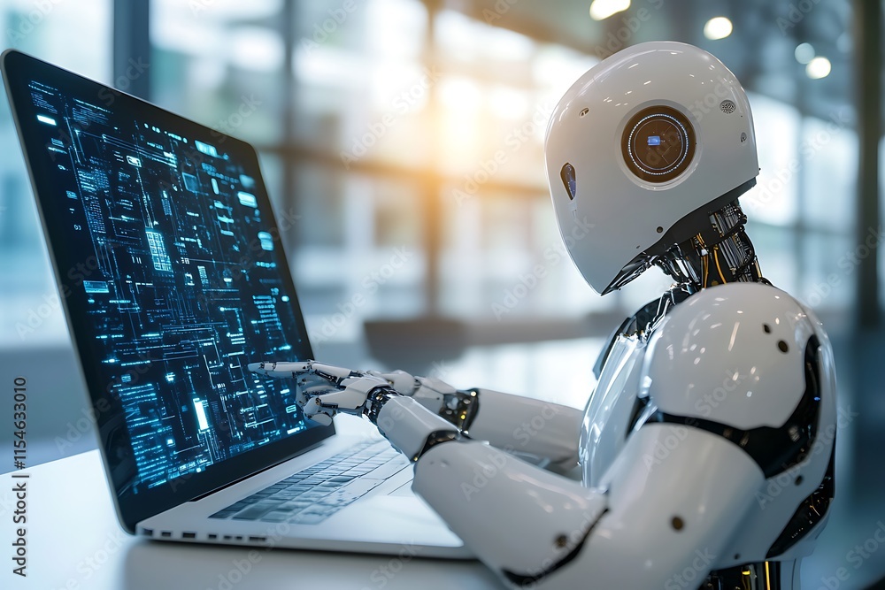 Poster robot working on a laptop. concept of artificial intelligence, automation, and future technology.