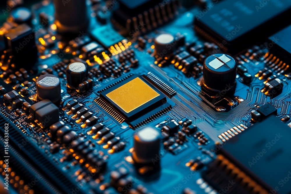 Poster close up of a circuit board with a processor. concept of technology, electronics, and innovation.