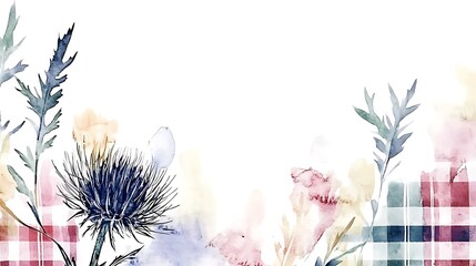 Watercolor floral border with plaid.