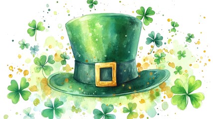 Watercolor green leprechaun hat with shamrocks.