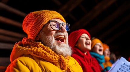 Joyful group of friends singing together in warm winter attire, celebrating the season with laughter and music.