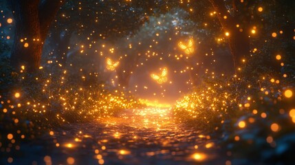Naklejka premium Magical forest path with glowing fireflies and butterflies at night.