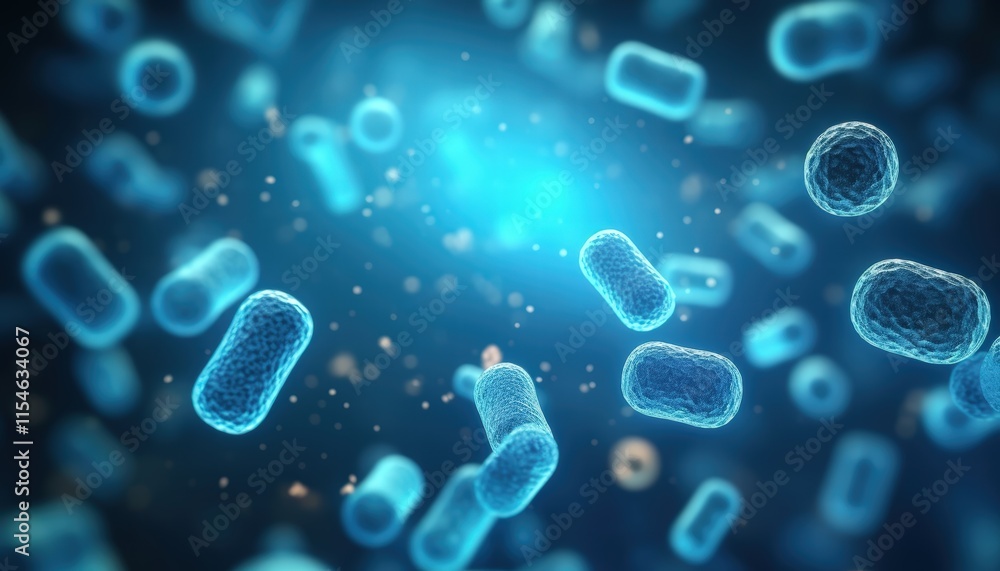 Poster bacterial colonies under a microscope with a blue glow and abstract background in a scientific conce