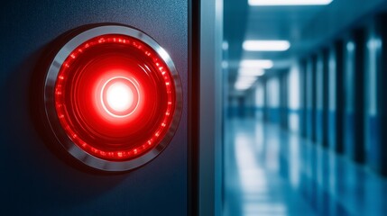 Close-up of an illuminated red alarm light in a futuristic hallway, symbolizing urgency and alertness in a modern environment