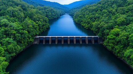 Fototapeta premium Aerial view of a serene dam surrounded by lush green mountains and tranquil waters in a tropical rainforest setting