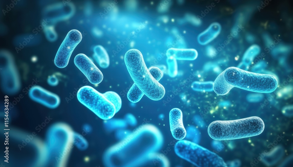 Poster close-up view of bacterial colonies under microscope with a beautiful blue background and vivid ligh