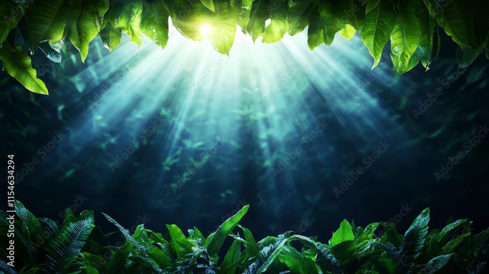 Poster a captivating view of lush green foliage illuminated by soft rays of sunlight filtering through the 