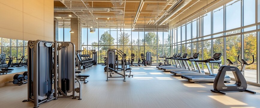 Modern gym interior featuring exercise equipment and large windows.