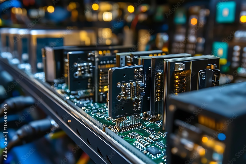 Poster high tech circuit board with microchips. concept of advanced technology and innovation.