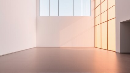 Fototapeta premium Minimalist interior with bright white walls, a sleek reflective floor, and a modern yellow glass panel. The space is open and filled with natural light. Generative, AI,