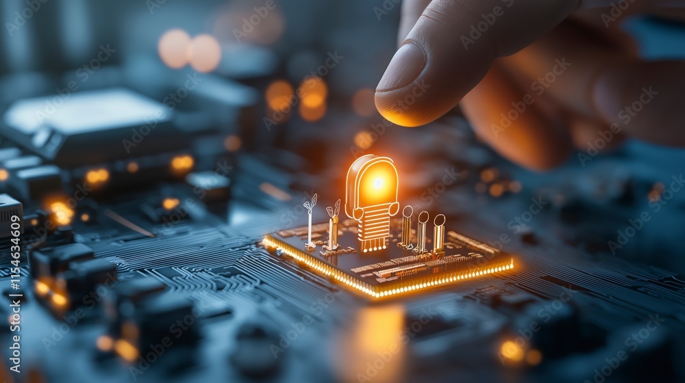 Poster futuristic concept of technology integration with circuit board and illuminated emblems highlighting