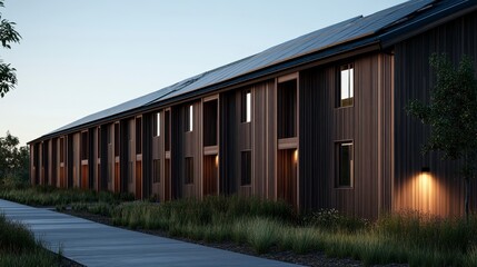 Fototapeta premium Modern eco-friendly residential building with solar panels and landscaped pathway during twilight hours