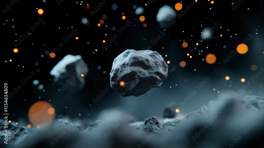 Poster stunning celestial objects in 2d, featuring asteroids and cosmic particles against a dark background