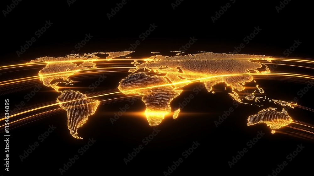 Poster illuminated global map displaying energy circuits in a modern digital design with bright lines repre