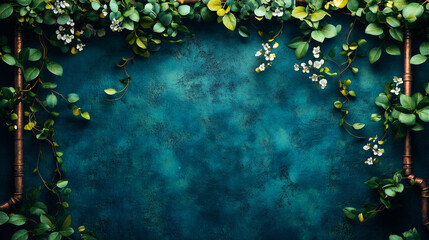 Lush green vines and delicate white flowers frame a dark teal background, creating a natural, elegant border.