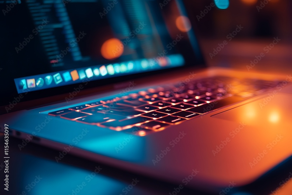 Poster modern laptop in night setting. concept of coding, programming, and technology.