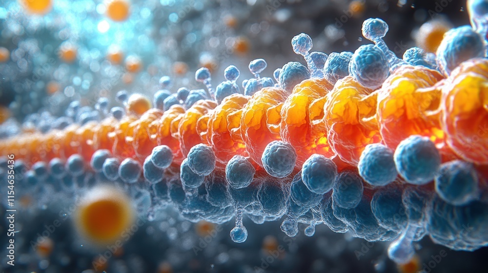Poster microscopic view of a dna strand with vibrant color scheme.