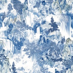 Seamless pattern with Chinese landscape: rocks, mountains, water flow and snowflakes, porcelain painting and ink style, blue and white palette